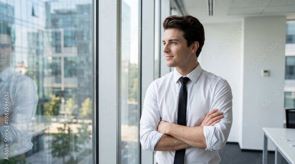 Fototapeta premium Businessman standing by office window looking outside with thoughtful expression in corporate environment 