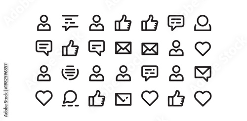 User interface icons set for communication and social networking people messages likes and hearts vector pack