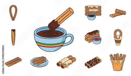 Collection of various delicious churros with sweet toppings and dipping sauces presented for snack and dessert concepts on food blogs and restaurant menus