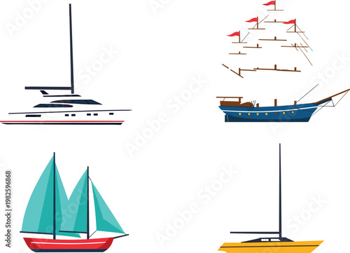 Sailing Yacht and Pirate Ship Set with Sailboats and Marine Vessels Nautical Transport Vector Illustration