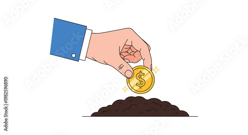 Human hand in a business suit planting a gold dollar coin in a pile of soil representing financial investment growth and monetary success.