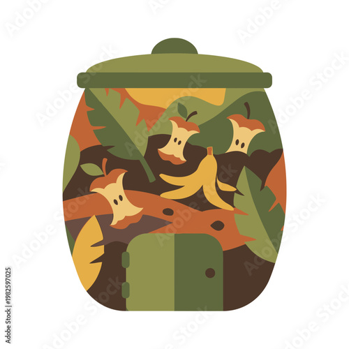 An illustration of a closed compost bin with various fruits and leaves