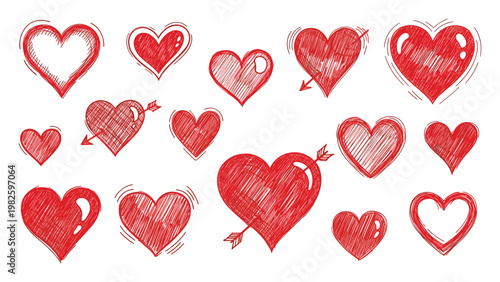 A diverse collection of expressive hand drawn red scribble hearts with various forms and details perfect for romantic celebration graphics and passionate holiday greeting designs.