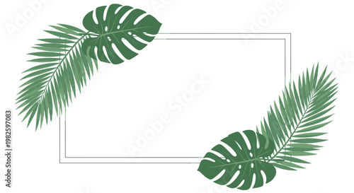 Elegant horizontal frame decorated with green tropical palm and monstera leaves for a natural and exotic summer themed background border.