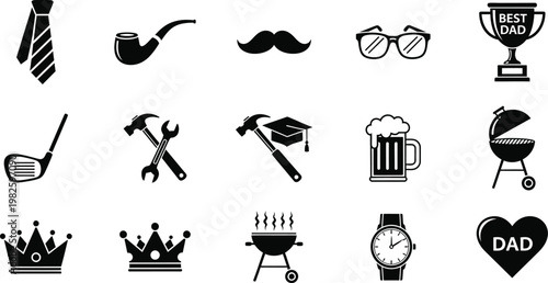 Father's Day Icons with Graduation Cap, Beer, Watch, and BBQ Vector Set