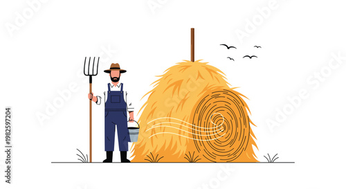 Farmer in blue overalls and a hat holding a pitchfork and a bucket standing next to a large haystack in a rural countryside landscape.