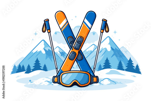 Flat vector illustration of crossed orange and blue skis with poles and goggles in front of snowy mountains and pine trees. Ideal for winter sports, skiing, and outdoor adventure design themes.