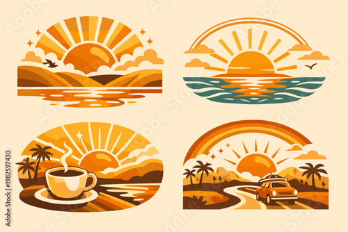 Retro sunrise and sunset vector illustration collection featuring four scenes: a morning coffee cup, a car on a road trip, ocean waves, and rolling hills in a warm golden hour color palette.