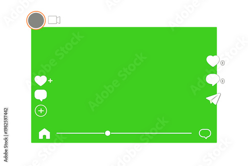 Social Media Video Interface Mockup with Green Screen Background, Featuring Engagement Icons Like Heart, Comment, Share, and Progress Bar for Reels, Stories, and Short Video Content Creation UI UX
