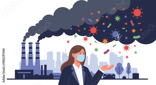 Woman in a face mask standing before industrial factory smoke stacks with virus and bacteria symbols representing air pollution and health.
