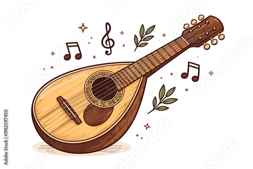 Italian Mandolin String Instrument, Traditional Wooden Lute with Strings and Sound Hole, Classic Folk Music Illustration with Musical Notes and Treble Clef, Hand-Drawn Acoustic Vintage Style