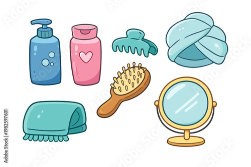 Whimsical kids doodle hair care icons set with blue shampoo pump, pink conditioner bottle, wooden hairbrush, teal claw clip, towel turban, folded towel, and round gold vanity mirror on white.