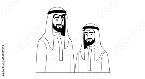 Two Arab men in traditional attire, standing together, looking forward.