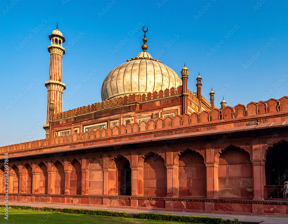 Obraz premium View of jama masjid mosque with ornate dome and minaret, New Delhi, India.