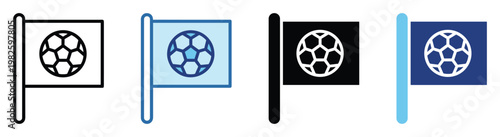 Dynamic flag with soccer ball emblem icon set for sports applications, football event branding, and gamerelated graphic user interface elements