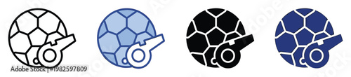 Collection of flat design soccer ball and whistle icons representing sports games and referee signals, ideal for digital interfaces, mobile applications, and graphic presentations