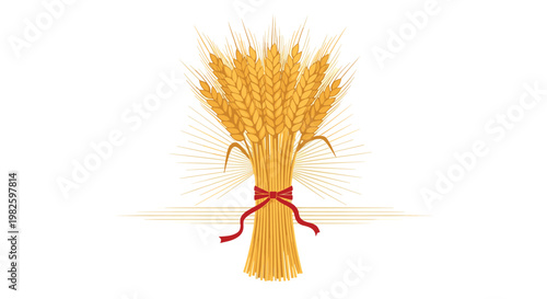 Golden bundle of wheat stalks tied with a red ribbon representing agricultural harvest, farming, and organic food products in retro style.