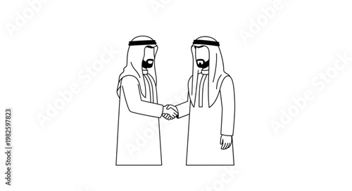 Two Arab men shaking hands in traditional attire, agreement.