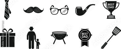 Father's Day Vector Icons with BBQ Grill, Gift Box, Tie, and Best Dad Awards