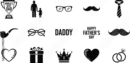 Father's Day Icon Set with BBQ, Tools, Beard, and Best Dad Trophy Vectors