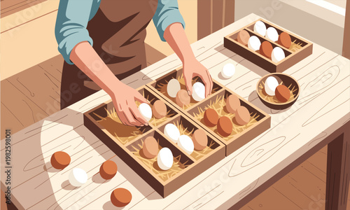 Hands carefully sorting fresh eggs into wooden trays filled with straw