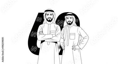 Two Arab men in traditional attire, standing side by side, looking forward.