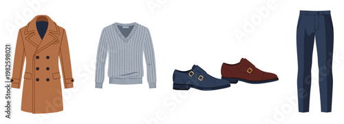 Classic mens outerwear, knitwear, footwear, and trousers presented as a coordinated stylish outfit, perfect for seasonal fashion promotions and menswear ecommerce product listings.