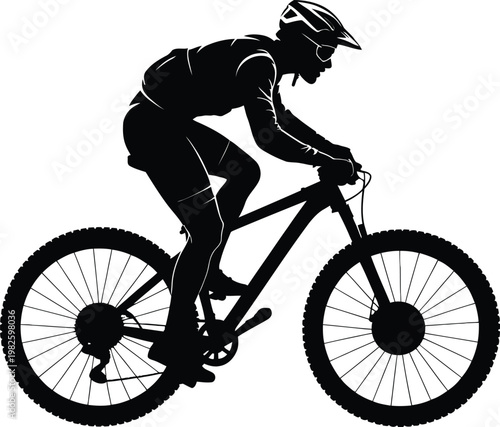 Mountain biker silhouette in action on transparent background vector graphic.