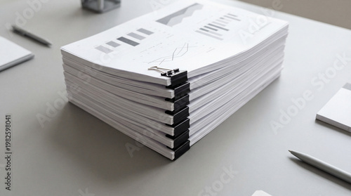 Neatly stacked printed reports clipped together on office desk showing business paperwork financial documentation administrative workload records management audit preparation corporate process