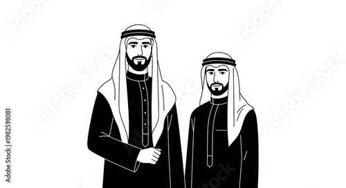 Two Arab men in traditional attire, standing side by side, looking forward.