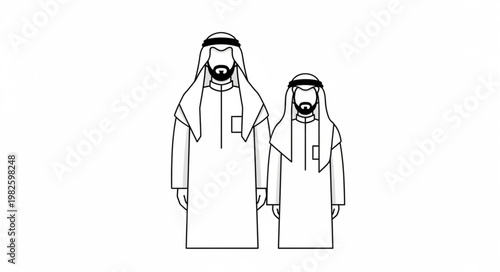 Two Arab men in traditional attire standing together, full body shot.