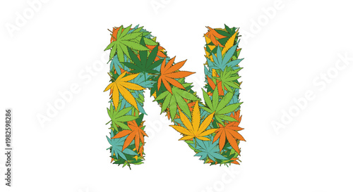 Large letter N composed of various green and orange cannabis leaves in a dense botanical arrangement over a white background.