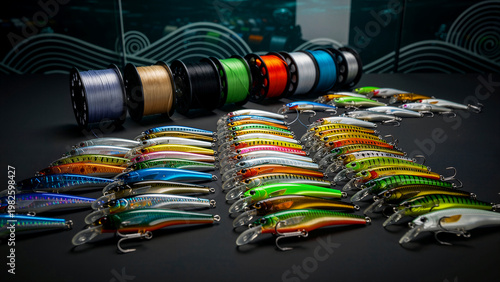 An extensive collection of vibrant multicolored fishing lures arranged in neat rows alongside various spools of high quality braided fishing line providing essential equipment for anglers looking to