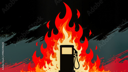 Illustration of burning gas station with red flames on dark background