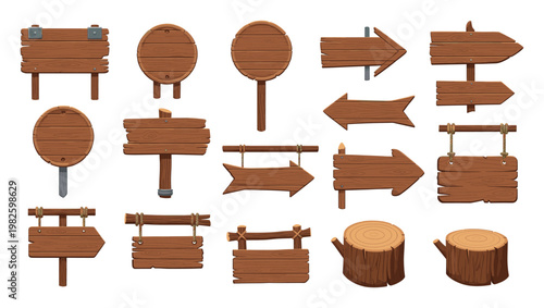 Rustic wooden signs and natural wood stumps providing versatile shapes for directional markers, blank message boards, and decorative game assets perfect for adventure themed projects.