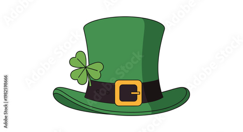 Leprechaun green top hat with a black buckle belt and a three-leaf clover, iconic symbol for Saint Patrick's Day celebrations.