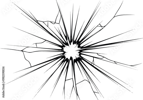 Shattered Glass Effect with Radial Cracks and Impact Point - Vector Graphic Illustration