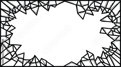 Abstract shattered frame with geometric fragments and sharp edges, conveying a sense of fragmentation and disruption