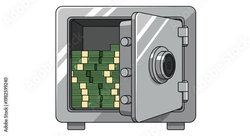 Heavy metal safe box with its door open revealing large stacks of green dollar bills inside, representing wealth and bank security.
