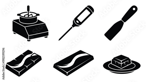 Graphic symbols of chocolate tempering machine, food thermometer, spatula, and various chocolate products perfect for culinary and baking related projects or sweet shop branding.