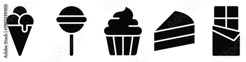 Delicious sweet treats and desserts collection featuring ice cream cone, lollipop, cupcake, cake slice, and chocolate bar icons for food related concepts and menus