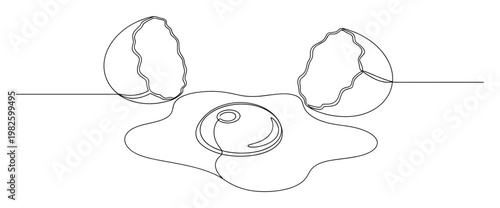 Continuous line drawing of a cracked egg with its yolk and white spilled out ready to be cooked for a simple breakfast meal or kitchen related projects