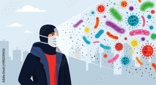 Illustration of a man wearing a protective face mask while surrounded by various colorful viruses and bacteria floating in the air.