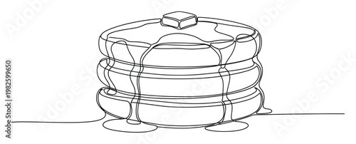 Delicious stack of breakfast pancakes with flowing maple syrup and a pat of melting butter drawn in a continuous single line style perfect for food blogs culinary websites and breakfast