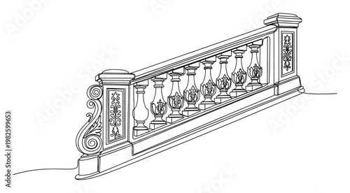 Elegant architectural balustrade and handrail rendered in a continuous line drawing style, suitable for historical design projects, educational materials, or sophisticated graphic