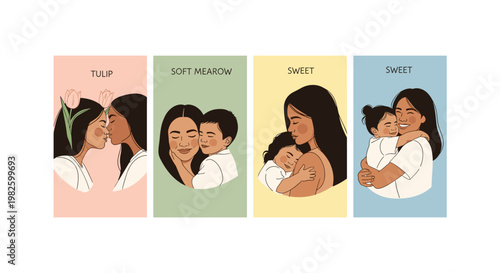 Four illustrated women holding heart-shaped boxes in pastel colors woman pink green