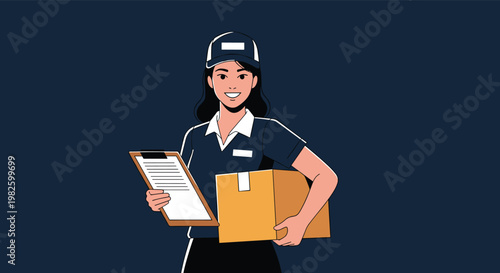 Friendly delivery woman in a blue uniform wearing a cap while holding a cardboard package and a clipboard for signature.
