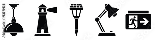 Essential lighting fixture icons featuring a ceiling pendant, maritime lighthouse, outdoor solar stake light, adjustable study desk lamp, and clear emergency exit sign for diverse graphic