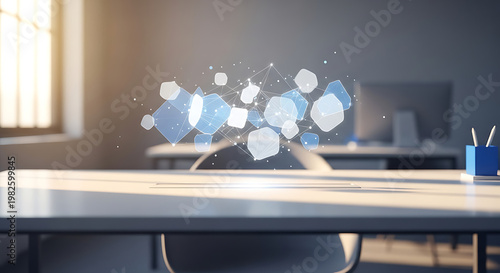 Abstract data visualization elements float above a contemporary office desk.
