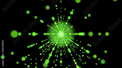 Green abstract glowing particles exploding in a starburst pattern on black background
